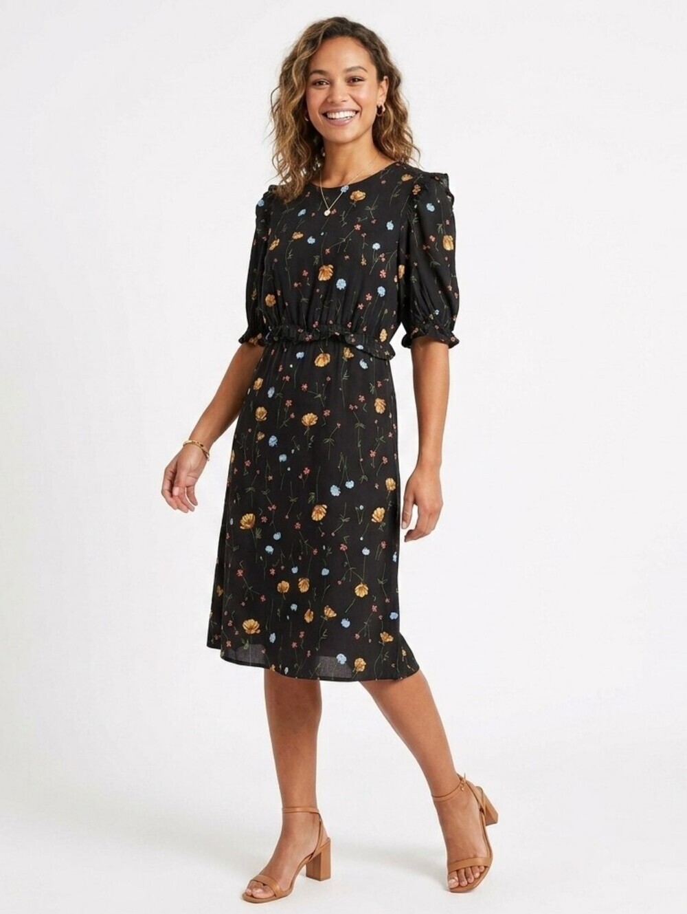 Nobody's Child Black Floral Ditsy Print Ruffle Tea Dress - Size 8